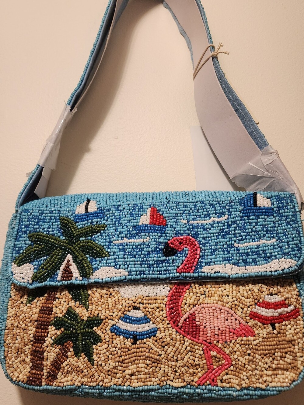 Collection XIIX Beaded Flamingo Beach Scene Shoulder Bag Blue & Pink